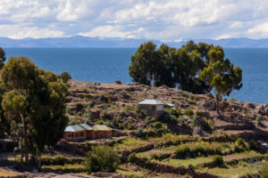 Villge houses on terraced island in Lake Titicaca. 