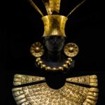 Gold headdress and earrings from Larco Museum, Peru.